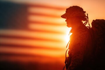 Obraz premium A soldier stands in front of a flag with the sun setting behind him