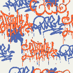 Vector Seamless pixel graffiti pattern with abstract tags, dithered texture. Urban, grunge, playful pixel art style perfect for backgrounds, textiles