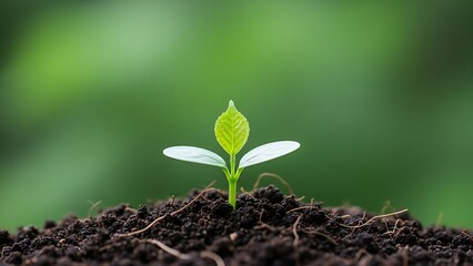 Young green seedling emerging from dark soil with blurred green background sprout