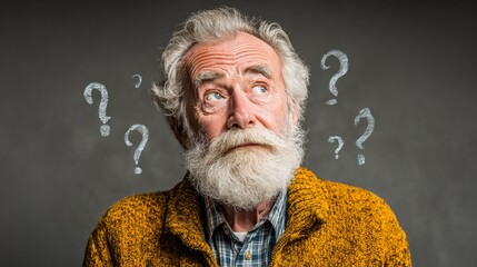 An elderly man with a thoughtful expression surrounded by question marks, conveying curiosity and contemplation about various life uncertainties and challenges.