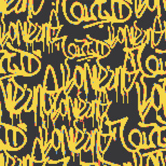 Vector Seamless pixel graffiti pattern with abstract tags, dithered texture. Urban, grunge, playful pixel art style perfect for backgrounds, textiles