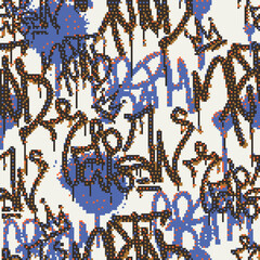 Vector Seamless pixel graffiti pattern with abstract tags, dithered texture. Urban, grunge, playful pixel art style perfect for backgrounds, textiles