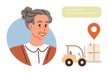 Portrait of elderly woman with elegant hairstyle near forklift carrying a box, location pin, and text placeholder. Ideal for logistics, delivery, aging workforce, customer care, e-commerce, supply