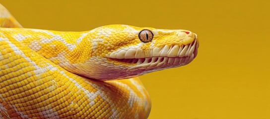 Fototapeta premium A yellow snake with a white head is curled up on a yellow background