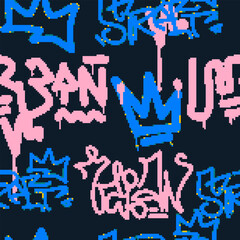Vector Seamless pixel graffiti pattern with abstract tags, dithered texture. Urban, grunge, playful pixel art style perfect for backgrounds, textiles