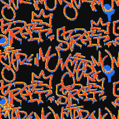 Vector Seamless pixel graffiti pattern with abstract tags, dithered texture. Urban, grunge, playful pixel art style perfect for backgrounds, textiles