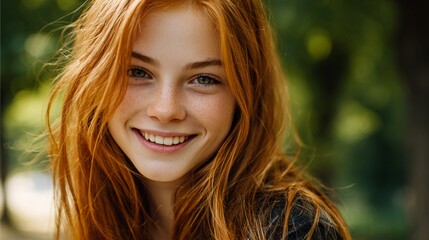 A charming young woman with vibrant red hair smiles warmly, surrounded by a lush, green background, exuding joy and a carefree spirit, perfect for lifestyle themes.