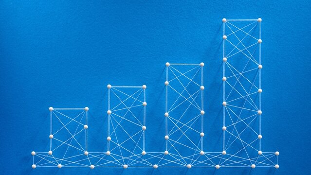 Creative Wireframe Bar Chart Showing Business Growth on Blue Background