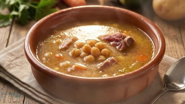 Sopa del cocido madrile&ntilde;o servida en cazuela de barro
