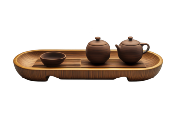 Brown clay teapot and bowl on bamboo tray still life photography, asian tea ceremony elements, kitchenware, isolated on transparent background