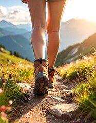 Close-up of legs in hiking boots on a mountain trail, going uphill. Sunny landscape with wildflowers, distant mountain range