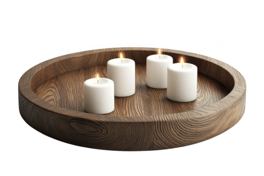 Elegant white pillar candles on rustic wooden tray centerpiece decor design elements stock image photography isolated on transparent background