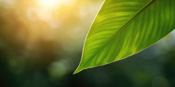 Closeup of a green leaf with sunlight on blurred background, suitable for fresh wallpaper design, Earth Day