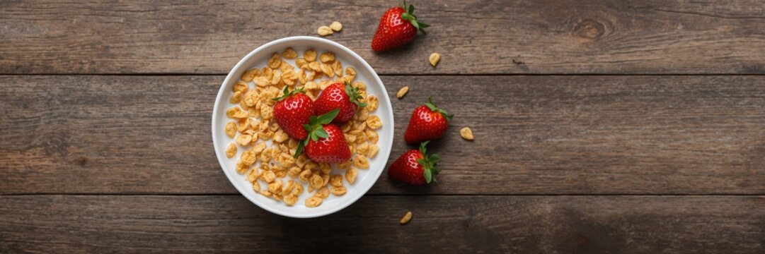 Bowl of crispy corn flakes with milk and strawberries on wooden table, suitable for breakfast layout - Powered by Adobe