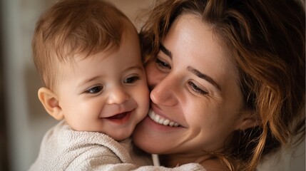 A joyful moment captured between a mother and her baby, showcasing their loving bond and happiness during intimate family time together at home.