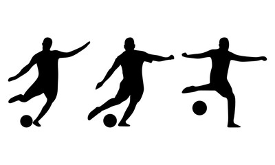 Football Player Silhouette Set. Kicking, Dribbling, Shooting Vector Pack. Perfect for any football-themed project needing bold and energetic visuals.	