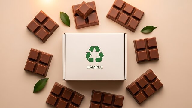 Sustainable chocolate packaging with eco friendly recycling symbol and chocolate pieces