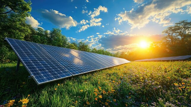 Solar photovoltaic panels installed in a lush green meadow landscape generating clean renewable energy under a picturesque sky with clouds at sunset or sunrise - Powered by Adobe