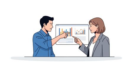 Business people discussing data. Man and woman pointing at chart. Office presentation. Vector illustration of colleagues on white background. Business meeting. Data analysis. Teamwork.