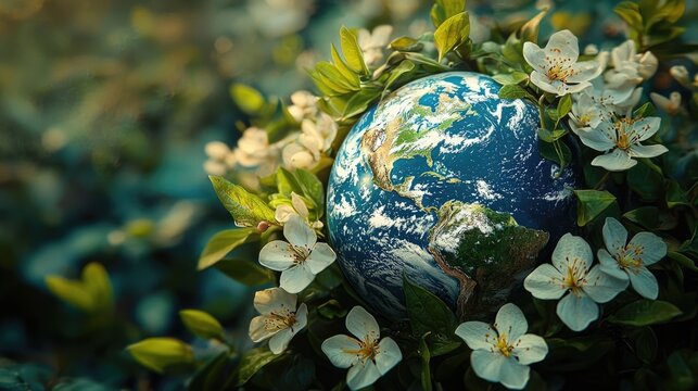 representation of the Earth surrounded by blooming leaves and flowers symbolizing the beauty and fragility of our planet  This image can be used for eco friendly campaigns