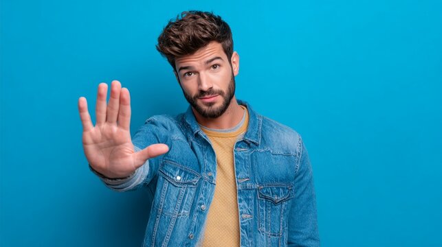 A young man is posing against a bright blue background, confidently gesturing with his hand up, symbolizing a friendly approach while maintaining personal space.