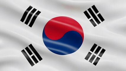 South Korea Flag Close-Up Photography, Waving Taegeukgi White Flag with Red and Blue Symbol, High-Resolution Korean National Flag with Trigrams, Silky Texture South Korea Flag Detailed Shot, Vibrant 