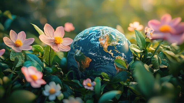 representation of the Earth globe surrounded by vibrant pink and purple flowers green leaves and lush foliage symbolizing the beauty and fragility of our planet on Earth Day