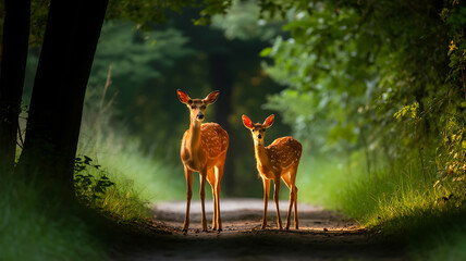 Deer family in forest path