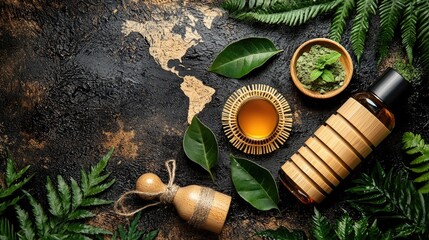 Eco friendly natural products displayed in a flat lay composition for an Earth Day awareness campaign showcasing sustainability environmental consciousness and responsible consumption