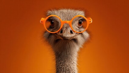 An ostrich wearing glasses is staring at the camera