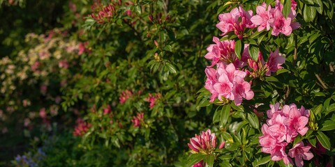 Fototapeta premium Delicate pink azalea flowers in full bloom surrounded by lush green leaves, ideal for floral background design