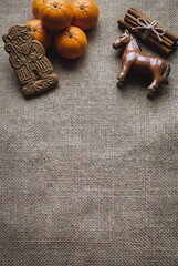 Obraz premium Dutch Holiday Sinterklaas background. Shoen Zetten. Zack van Sinterklaas. Sant Nicholas day. top view. Copy space