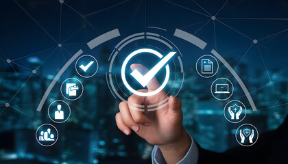 Digital Approval: A hand touches a digital check mark, symbolizing approval and validation of process, set against a technological background.