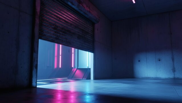 Cyberpunk Garage Neon Portal to the Future. - Powered by Adobe
