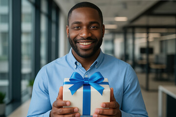 Smiling man with gift box tied with blue ribbon in modern office setting