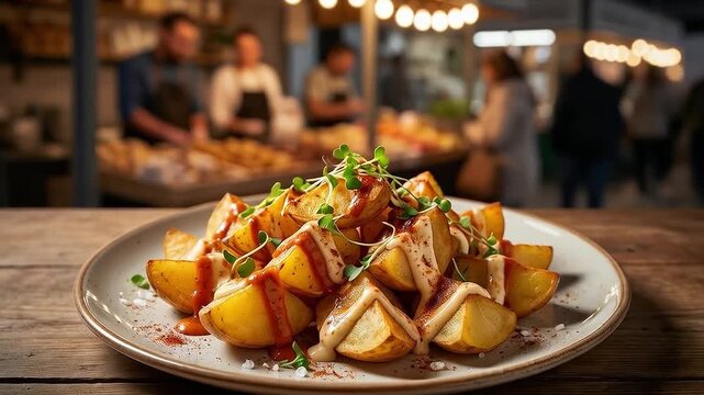 Patatas bravas con alioli servidas en mercado gastron&oacute;mico nocturno, con ambiente animado y cocina de autor