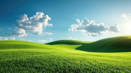 Fototapeta premium Lush green rolling hills with a clear blue sky and fluffy white clouds for serene eco friendly and sustainable Earth Day imagery or background
