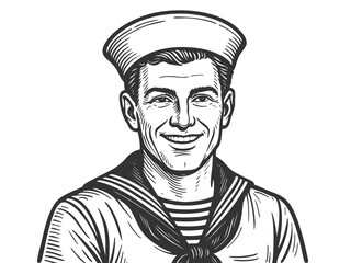 cheerful bearded sailor in classic striped navy uniform, perfect for nautical, vintage, or maritime themes sketch engraving generative ai vector illustration. Scratch board. Black and white.