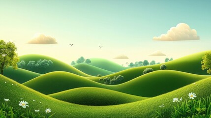 Lush rolling green hills and meadows with a clear blue sky and fluffy white clouds an idyllic serene landscape perfect for Earth Day environmental and nature themed imagery