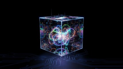 Quantum Computing and AI concept, background. A glowing transparent cube containing a complex visualization of a neural network or data processing on a digital circuit board.