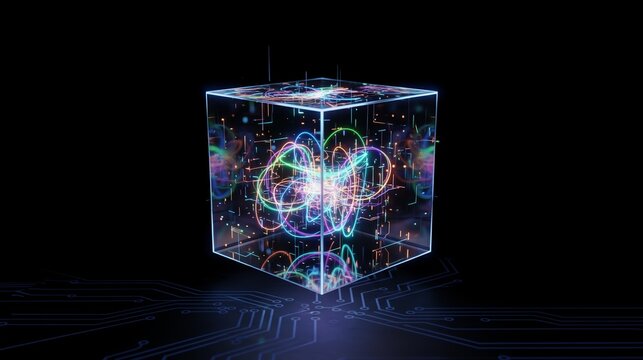 Quantum Computing and AI concept, background. A glowing transparent cube containing a complex visualization of a neural network or data processing on a digital circuit board. - Powered by Adobe