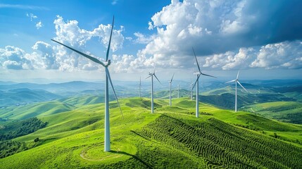 Wind turbines standing tall in a picturesque green field showcasing the power of renewable energy and the commitment to a sustainable future on Earth Day