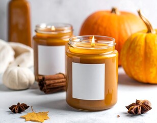 Close-up of lit candles in glass jars, pumpkins, star anise, cinnamon sticks, and fall foliage on a surface