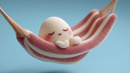 Cute egg character sleeping peacefully in pink striped hammock, claymation style, soft pastel colors, serene and relaxing mood, minimal background, adorable and whimsical design