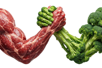 Arm wrestling battle concept between raw meat muscle and green broccoli stalk