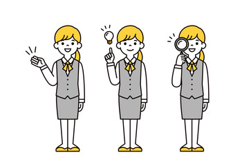 紹介する・気づく・検索する、ユニフォームを着た若い女性の全身ベクターイラスト素材セット