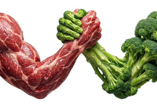 Arm wrestling battle concept between raw meat muscle and green broccoli stalk