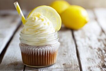 Lemon cupcake with creamy frosting in mason jar, garnished with lemon slice and striped straw, on rustic wooden table, bright and cheerful dessert presentation