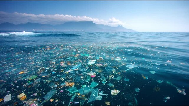 Plastic pollution ocean sea water waste debris floating marine environment pollution blue sky horizon wave ocean pollution plastic waste marine debris sea surface blue water environmental crisis