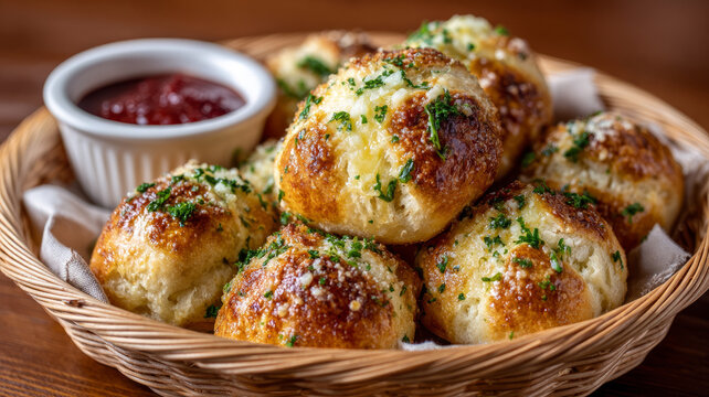 Basket of garlic knots with sauce on the side.